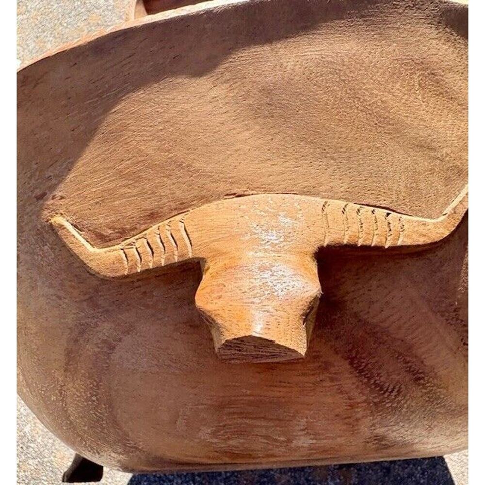 Vintage Monkey Pod Wood Salad Bowl Set Hand Carved Triple Feet Water Buffalo - Picture 10 of 10